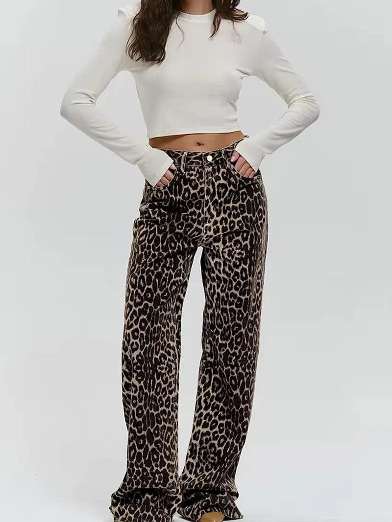LEOPARD DENIM STRAIGHT JEANS