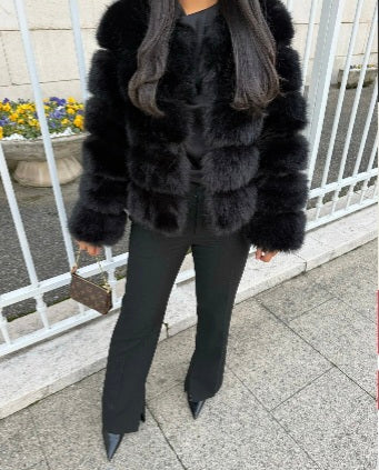 Pelzmantel Faux fur Schwarz lang